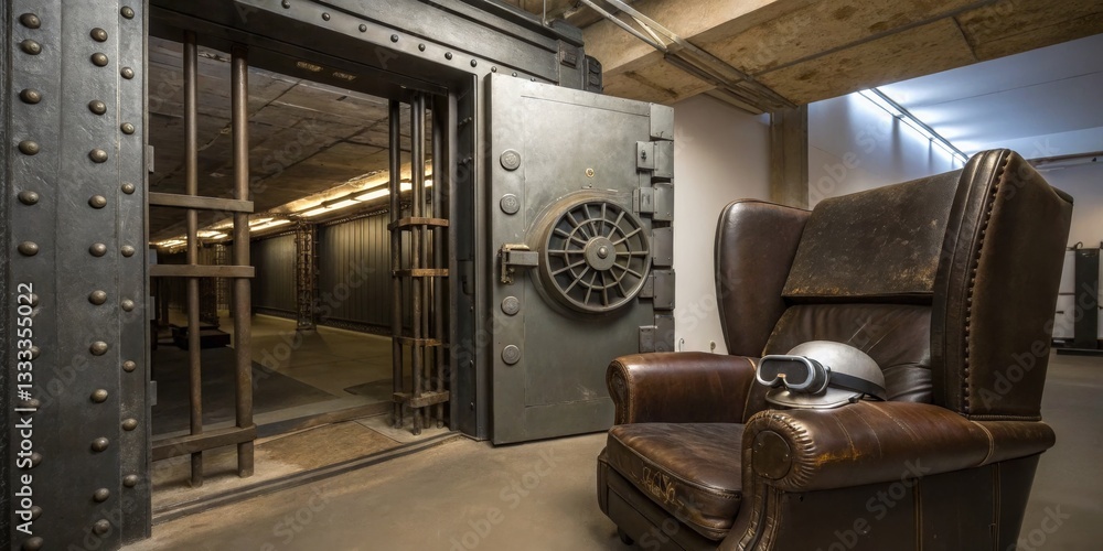 Historical bank vault with a vintage armchair and modern virtual reality headset