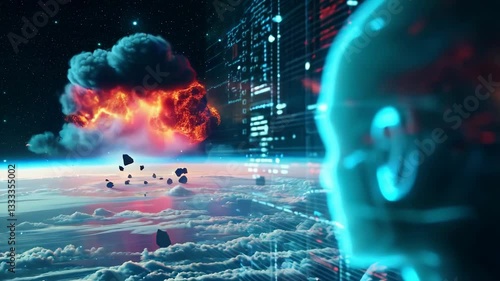 Explosion of data and code under AI control behind it on Earth's surface. A nuclear bomb mushroom  fills half the sky. Digital War concept