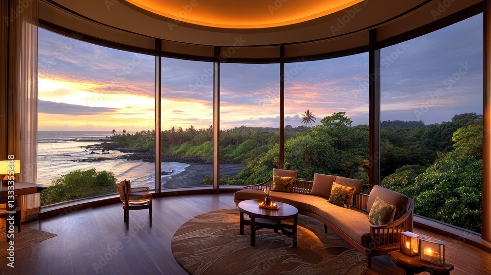 Fototapeta premium Luxurious ocean view living room at sunset