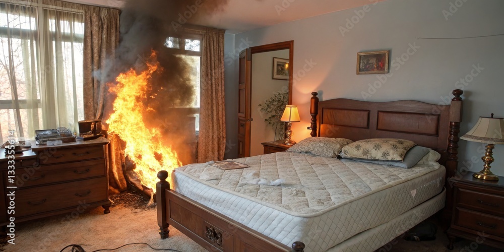 Fire erupts in bedroom, igniting curtains and causing significant damage to the room during the early morning hours