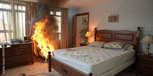 Obraz na płótnie Fire erupts in bedroom, igniting curtains and causing significant damage to the room during the early morning hours w salonie