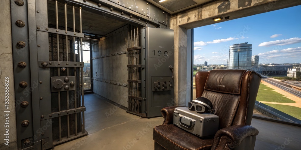 Unique interior of a modern jail cell with a scenic city view and futuristic virtual reality equipment