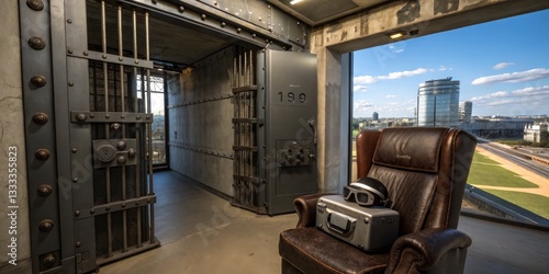 Obraz na płótnie Unique interior of a modern jail cell with a scenic city view and futuristic virtual reality equipment w salonie