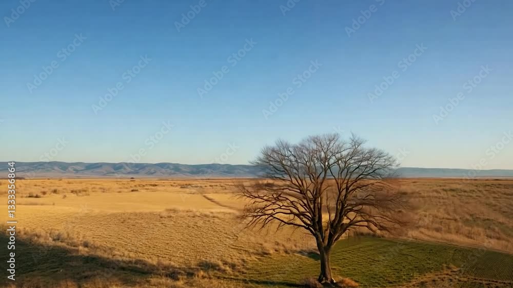 Lone Tree in a Vast Golden Field Under a Clear Blue Sky Lone Tree in a Vast Golden Field Under a Clear Blue Sky