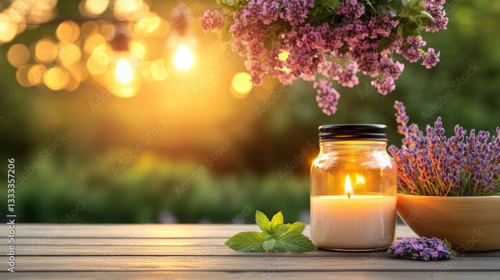 Scented candle, garden setting, evening light, flowers Scented candle, garden setting, evening light, flowers
