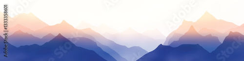 Sunrise in the mountains, misty silhouettes of ridges, panoramic view, vector illustration