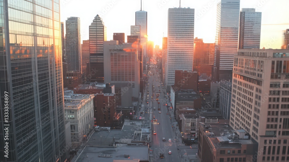 Obraz premium Sunrise Cityscape: Warm Light Illuminates Modern Skyscrapers and Streets