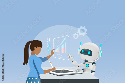 Businesswomen interact with AI artificial intelligence robot for business and financial data analyzing. AI innovation technology as smart assistant in business data analysis to develop smart solution.