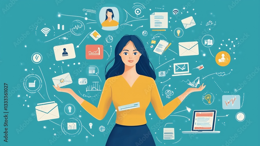 Sleek infographic style illustration of a young professional woman balancing multiple tasks digital marketing business finance and communication icons floating around her Sleek infographic style illustration of a young professional woman balancing multiple tasks digital marketing business finance and communication icons floating around her