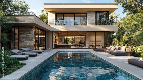 Wallpaper Mural Modern luxury villa with pool, surrounded by greenery, showcasing contemporary architecture and design Torontodigital.ca