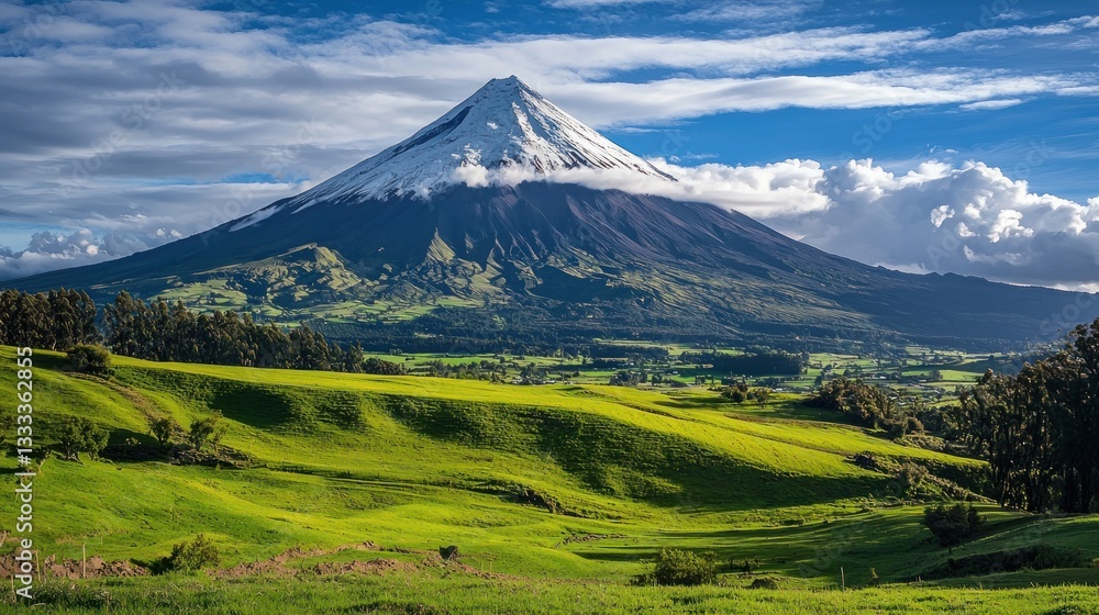 Fototapeta premium Majestic Volcano and Verdant Landscape: A Breathtaking Scene
