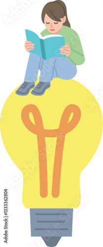 知は力なり　電球と読書をする女の子