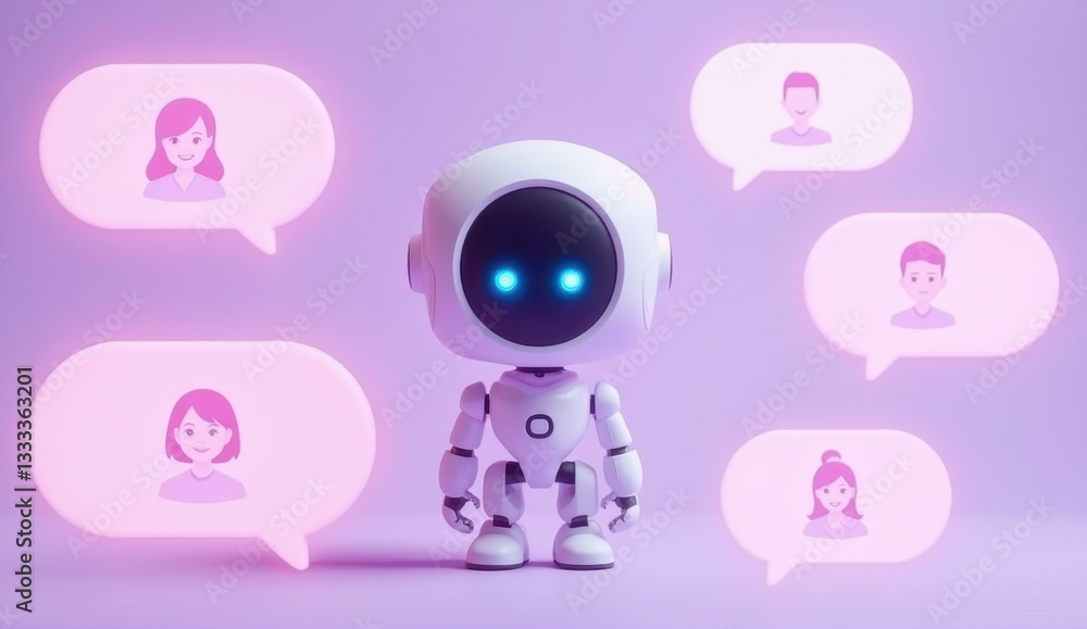 Cute cartoonish white robot communicating with users digital space Cute cartoonish white robot communicating with users digital space