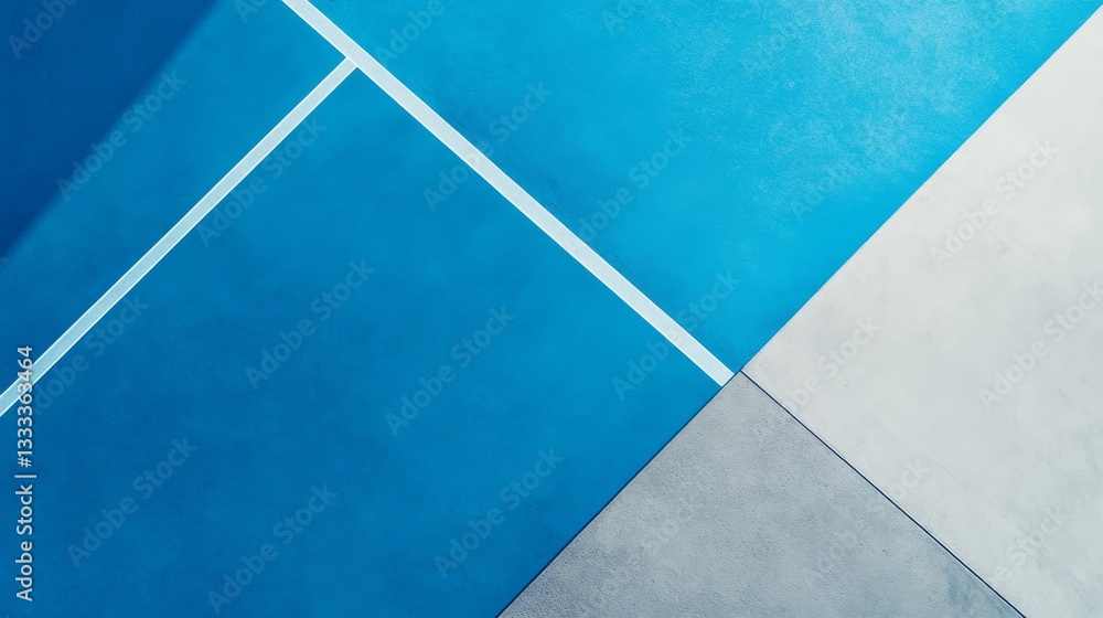 Fototapeta premium overhead view of athletic court materials, sleek blue and grey color transition, detailed rubber surface grain, bold diagonal boundary line, modern sports facility photography, professional