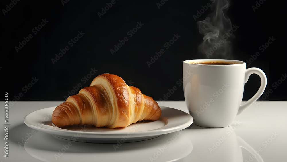 A minimalistic breakfast with a golden croissant and black coffee on a white plate. Styled with soft lighting for a clean, elegant, and inviting morning setup. A minimalistic breakfast with a golden croissant and black coffee on a white plate. Styled with soft lighting for a clean, elegant, and inviting morning setup.