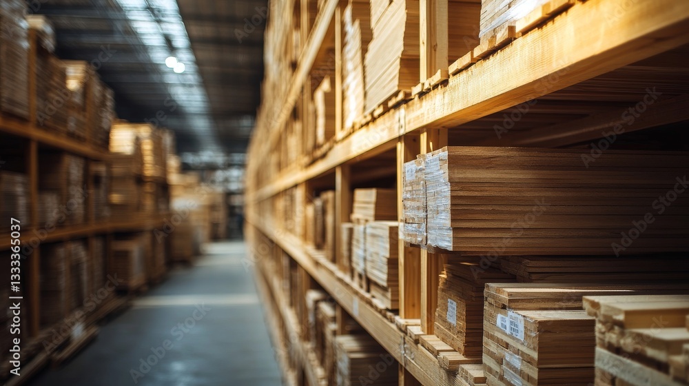 Obraz premium stacked raw lumber planks in warehouse storage, light colored wood texture, natural wood grain details, shallow depth of field photograph, diagonal composition, industrial setting, woodworking
