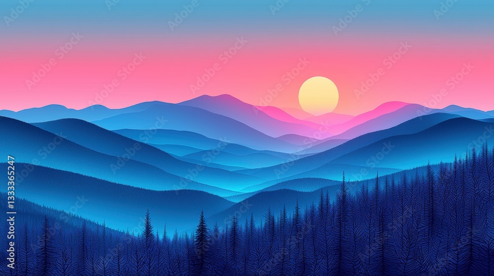 Obraz premium Tranquil Sunset Over Rolling Blue Mountains with Silhouetted Pine Forest in Soft Pastel Colors