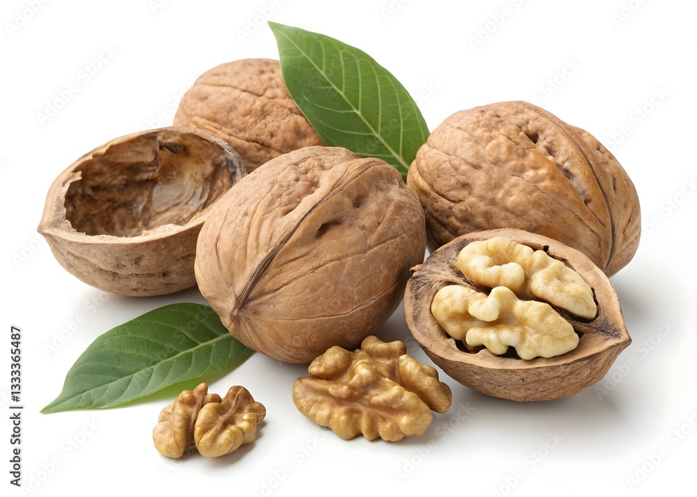 Cracked and Whole Walnuts with Fresh Leaves on White Background. Cracked and Whole Walnuts with Fresh Leaves on White Background.