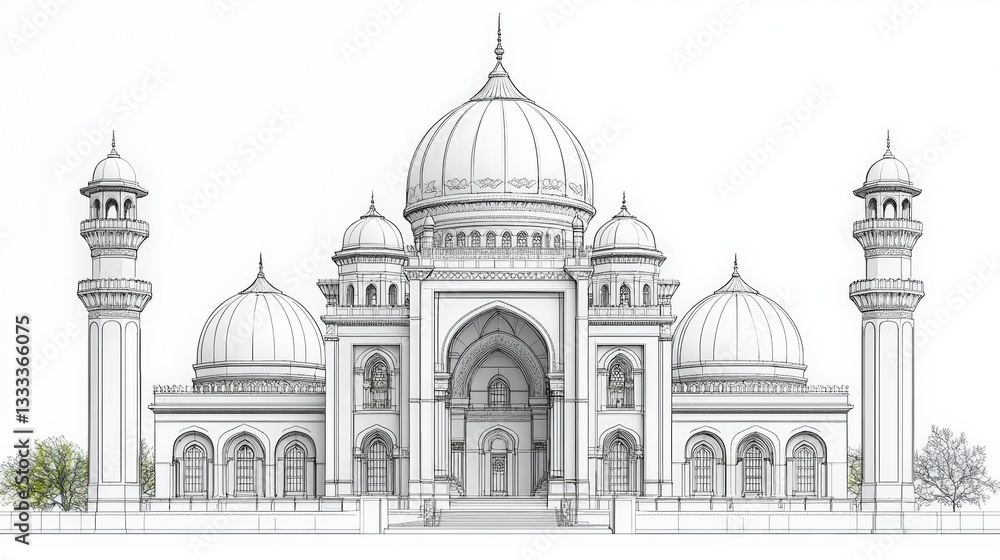 Intricate Architectural Drawing of Indian Style Monument with Domes and Towers Intricate Architectural Drawing of Indian Style Monument with Domes and Towers
