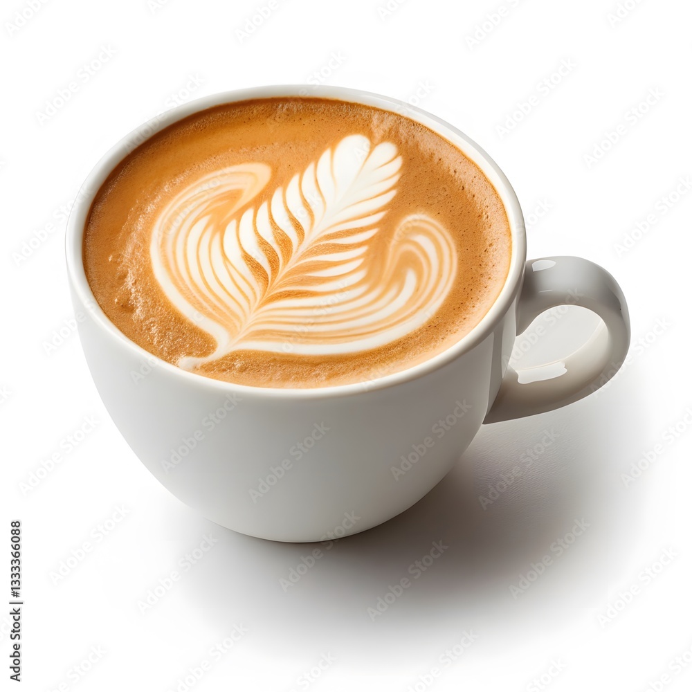 White Ceramic Cup of Latte with Leaf Art Design. White Ceramic Cup of Latte with Leaf Art Design.