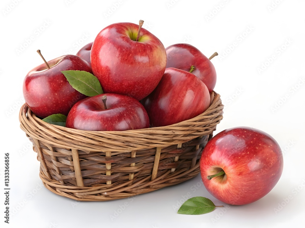 Fresh Red Apples Arranged in Wicker Basket on White Background. Fresh Red Apples Arranged in Wicker Basket on White Background.