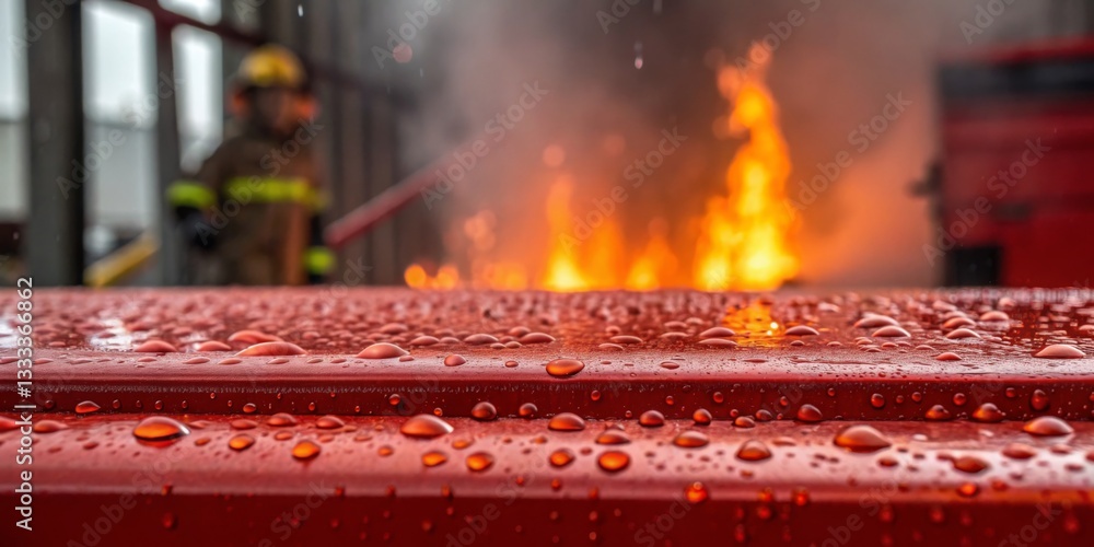 Firefighter battling flames during a training exercise with raindrops on a red surface