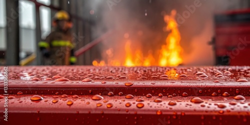 Firefighter battling flames during a training exercise with raindrops on a red surface
