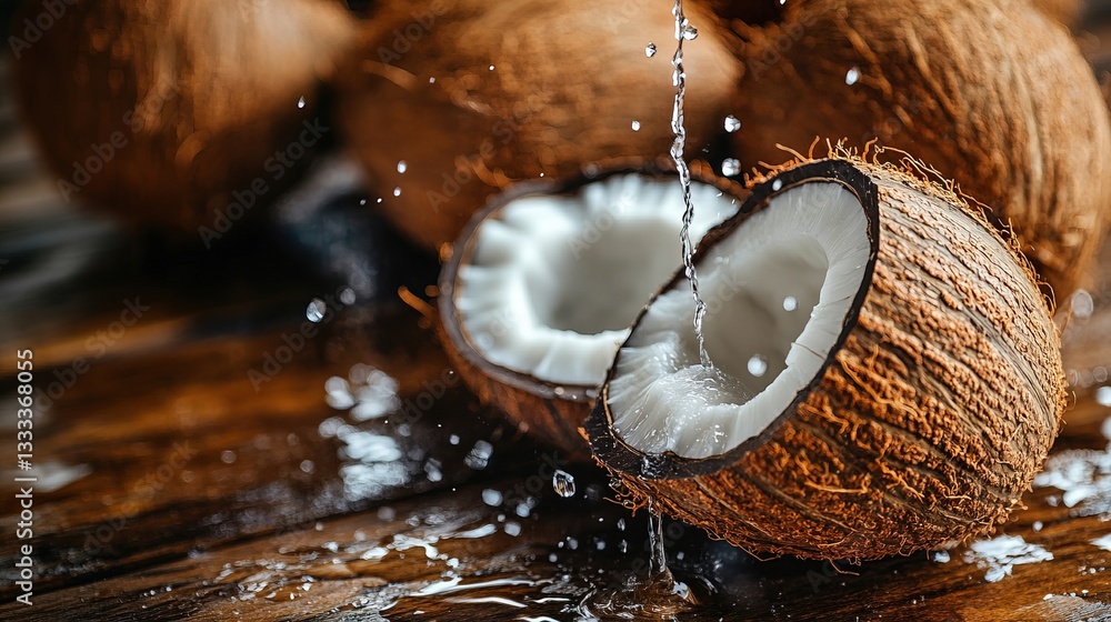 Organic Coconuts with Fresh Water on Rustic Wooden Surface – Tropical and Natural Close-Up Organic Coconuts with Fresh Water on Rustic Wooden Surface – Tropical and Natural Close-Up