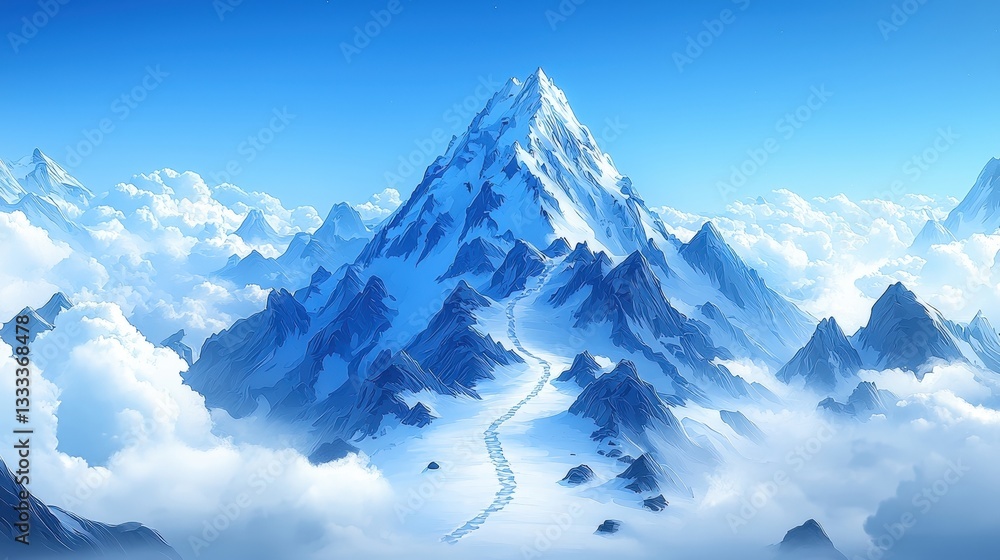 Obraz premium Majestic Snow-Capped Mountain Surrounded by Fluffy Clouds in a Bright Blue Sky