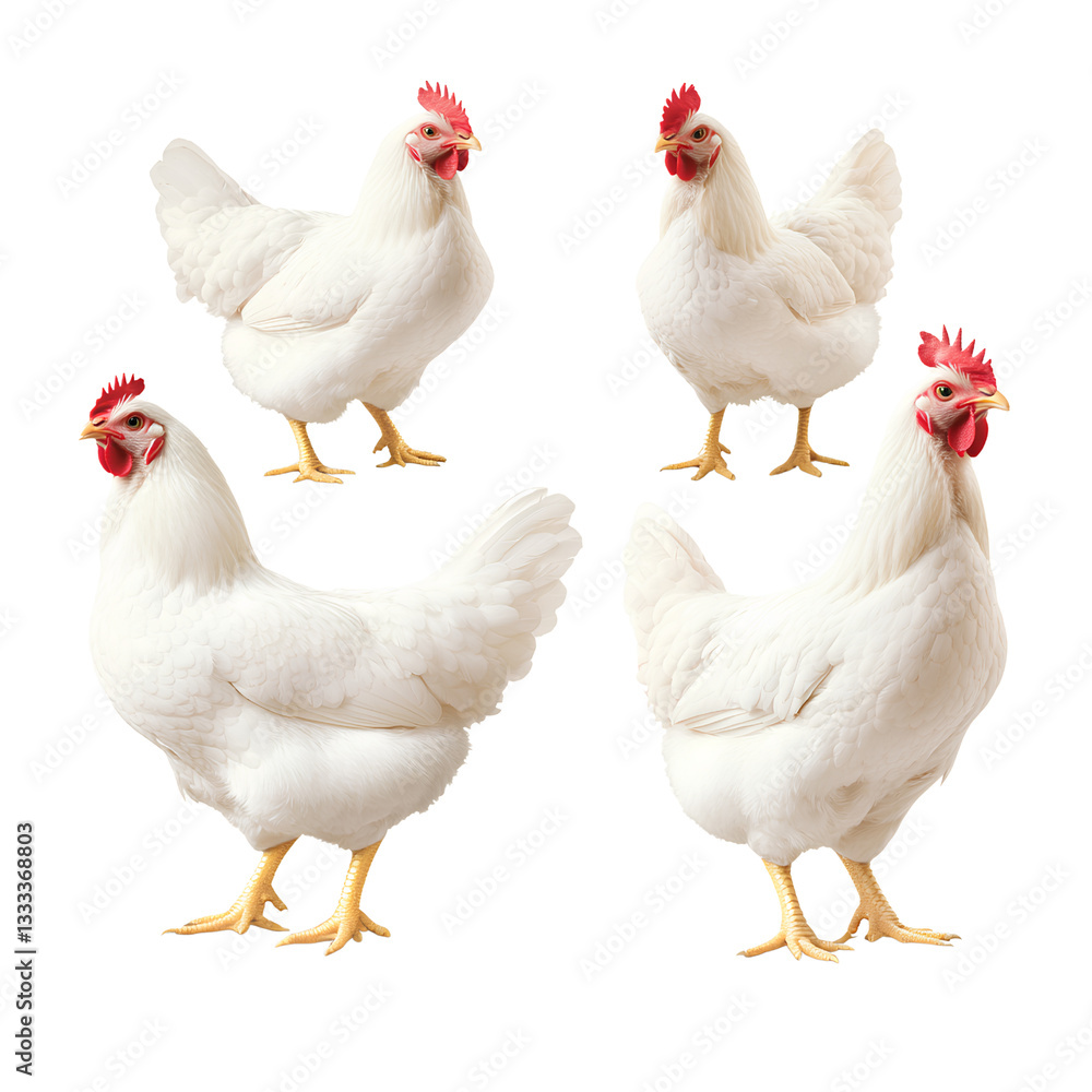 Fototapeta premium Four white chickens standing in different poses, transparent background