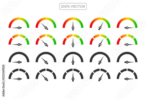 Energy efficiency score rating gauge. Red, yellow and green chart sections indicating credit risk or greed and fear level