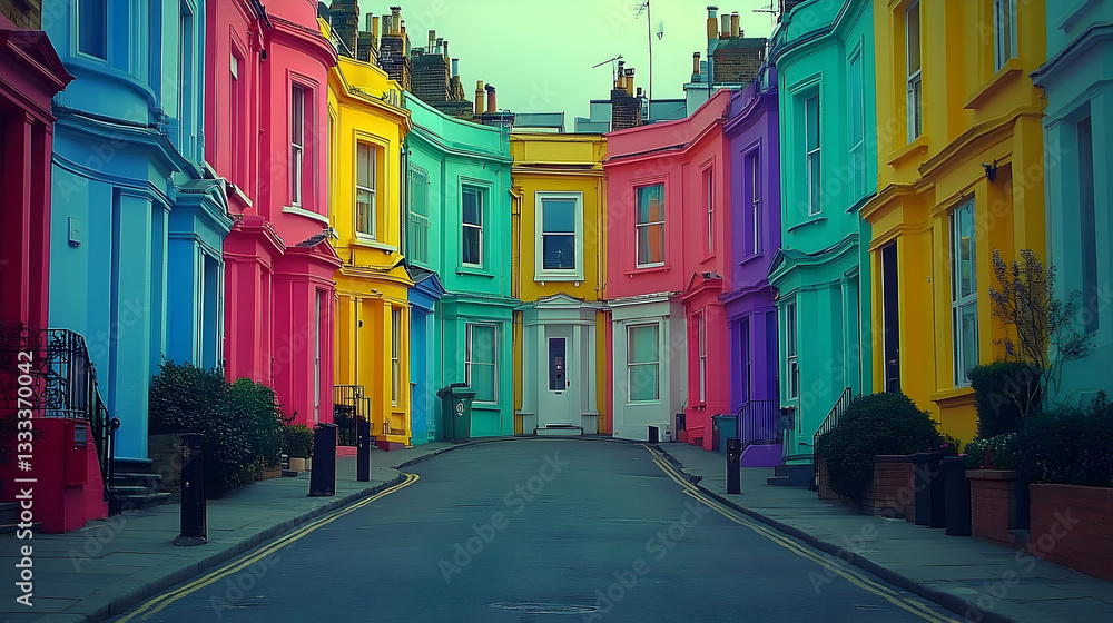 Fototapeta premium Vibrant colorful houses lining a quaint street in a lively neighborhood, showcasing urban charm