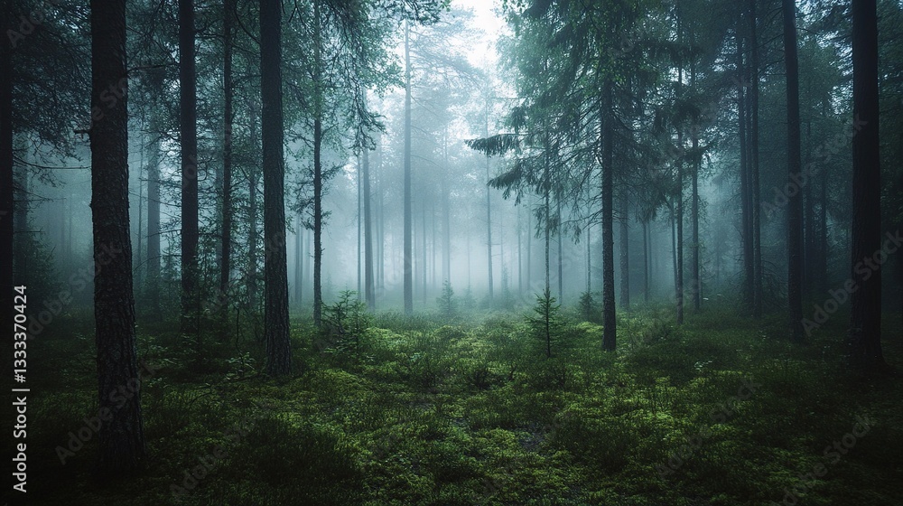 Fototapeta premium Moody Forest Landscape in Tranquil Uppsala, Sweden with Mist