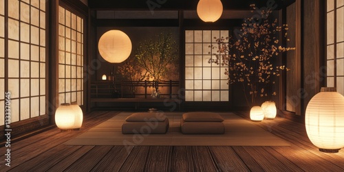 A serene traditional japanese room illuminated by glowing lanterns at night
