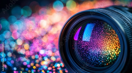 Close-up of a camera lens with colorful bokeh background.