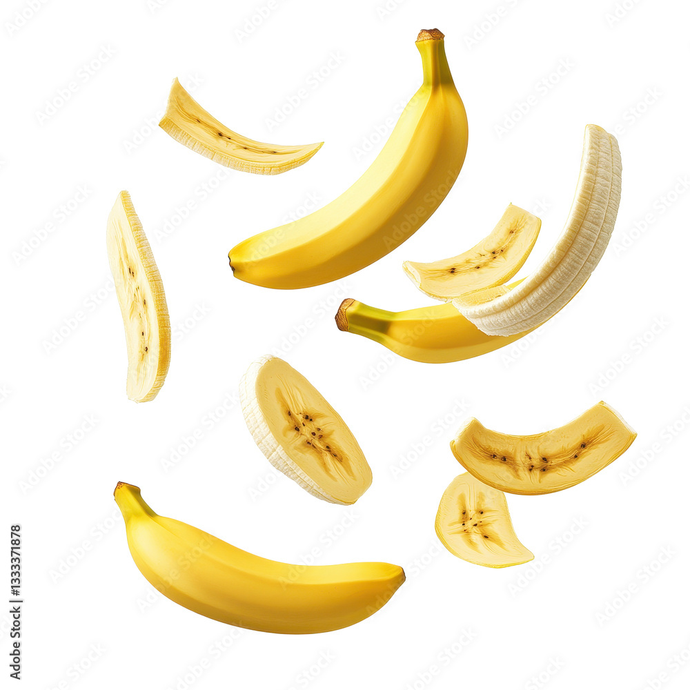 Falling banana slices creating a dynamic visual isolated on a white background, Falling flying banana slices isolated on white background Falling banana slices creating a dynamic visual isolated on a white background, Falling flying banana slices isolated on white background