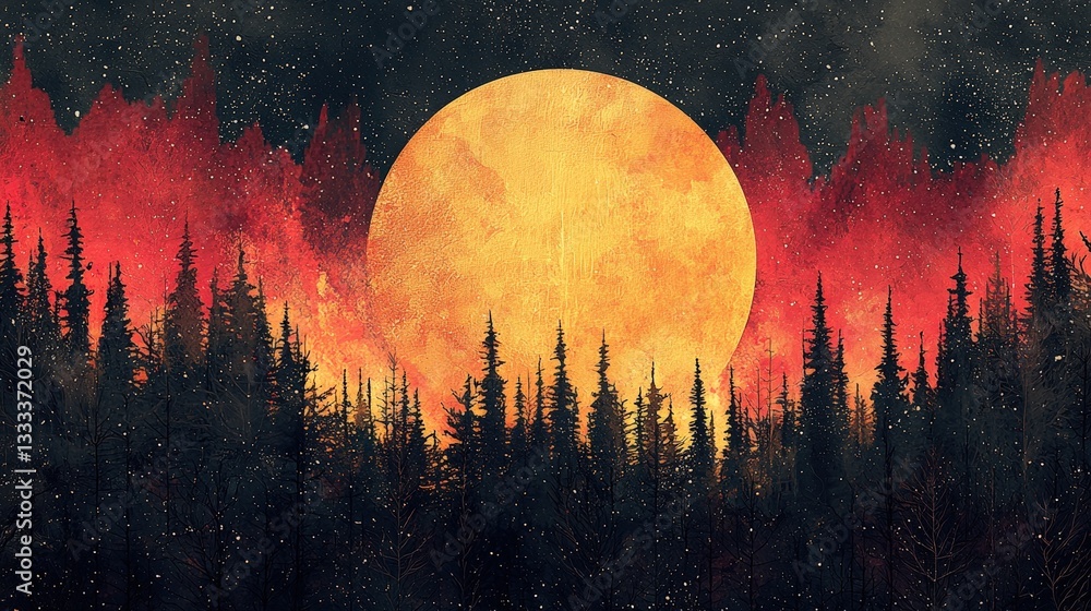 Mystical Night Forest with Full Moon and Fiery Sky in Artistic Landscape Illustration Mystical Night Forest with Full Moon and Fiery Sky in Artistic Landscape Illustration