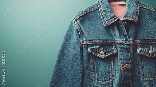 Close-up of a denim jacket hanging against a teal background. (1)