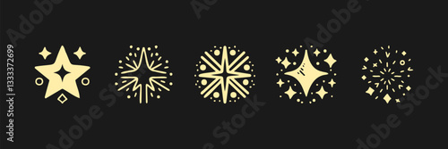 Collection of five unique decorative starburst designs on a dark background showcasing various styles and shapes