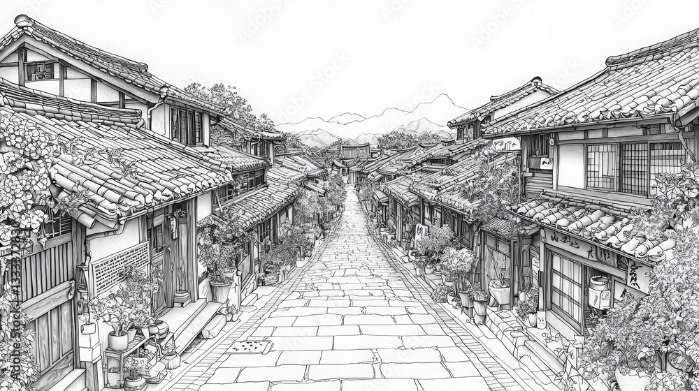 Tranquil Japanese Village with Traditional Architecture and Serene Mountain Background Tranquil Japanese Village with Traditional Architecture and Serene Mountain Background