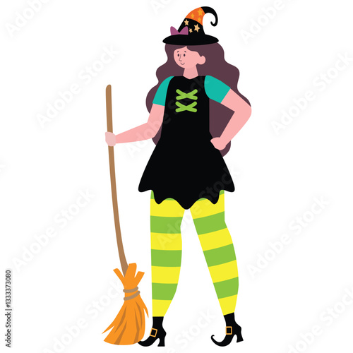 Halloween witch woman flat style vector cartoon illustration