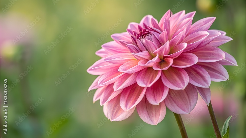 Fototapeta premium Pink Dahlia Blossom: A macro shot captures the intricate beauty of a fully bloomed pink dahlia, with its delicate petals radiating outwards, against a soft, blurred background.