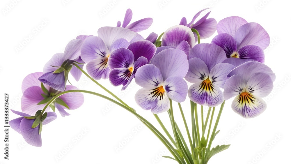 Obraz premium Violet's Whisper: A close-up view showcases delicate purple violets, their petals elegantly arranged, against a bright backdrop.