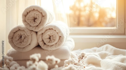 Soft White Towels Stacked by Window with Warm Natural Light