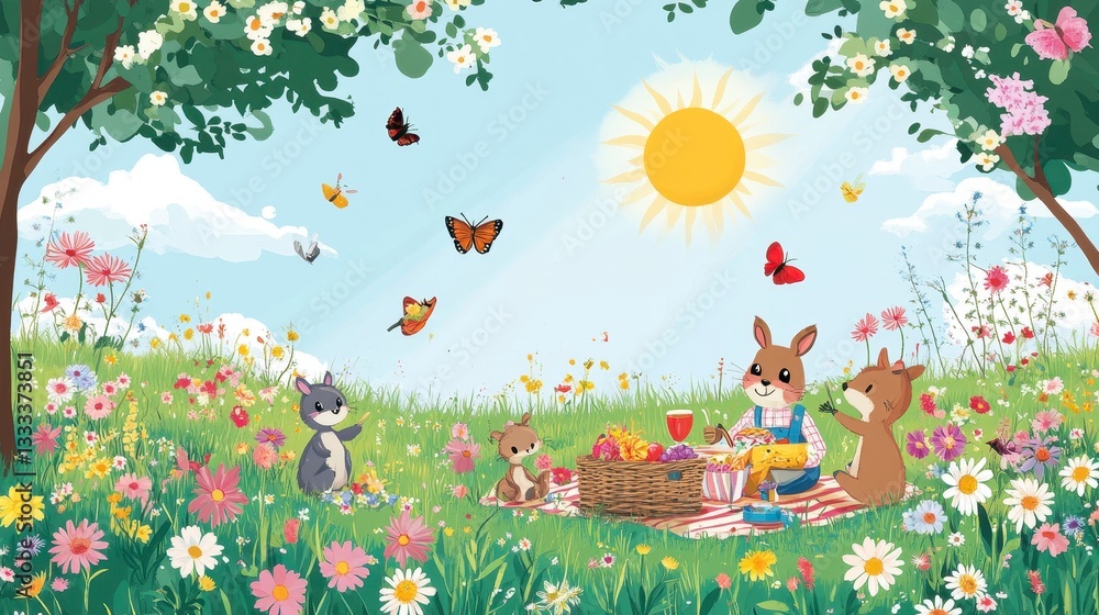 custom made wallpaper toronto digitalDelightful Spring Picnic with Adorable Animals in a Vibrant Wildflower Meadow