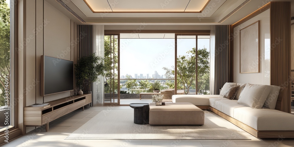 Fototapeta premium Modern living room with large windows overlooking a cityscape view