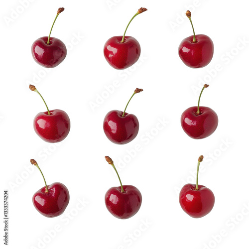 Elegant arrangement of fresh cherries on a Transparent background showcasing natural beauty and freshness, Multiple cherries isolated PNG background