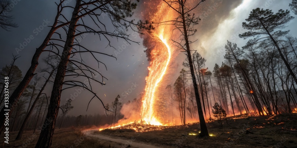 Destructive wildfire spirals through forest, creating a towering flame vortex during an intense burning event