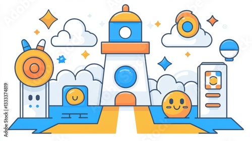 Colorful cartoon landscape with lighthouse, clouds, and cheerful characters in a playful design