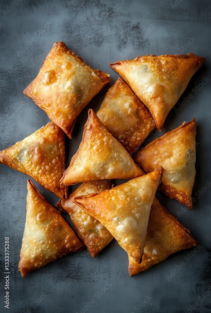 Golden Fried Pastries Stacked on Dark Surface, Crispy Triangle Treats Perfect for Appetizers or Snacks, Deliciously Crunchy and Irresistible Aroma Golden Fried Pastries Stacked on Dark Surface, Crispy Triangle Treats Perfect for Appetizers or Snacks, Deliciously Crunchy and Irresistible Aroma